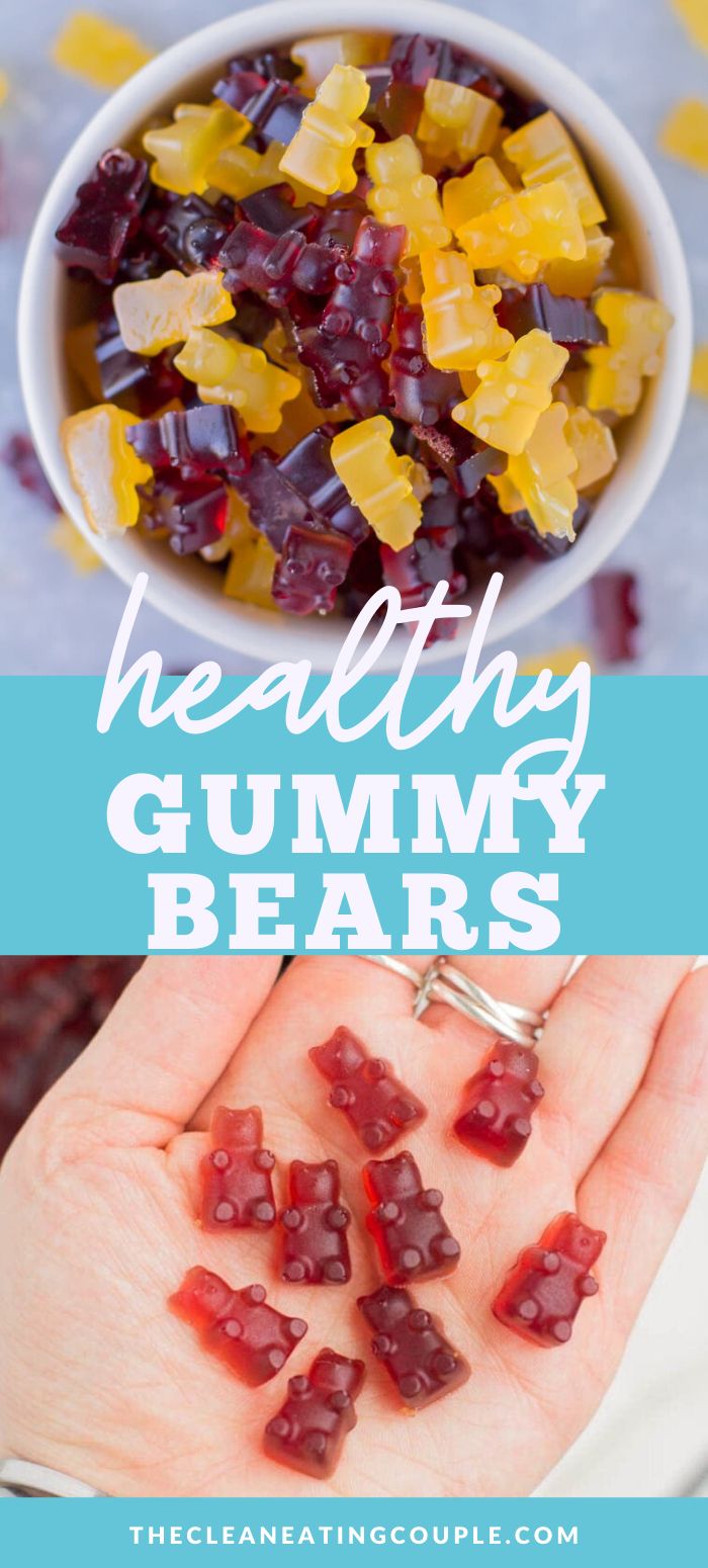 healthy gummy bears in a white bowl with text overlay that says healthy gummy bears