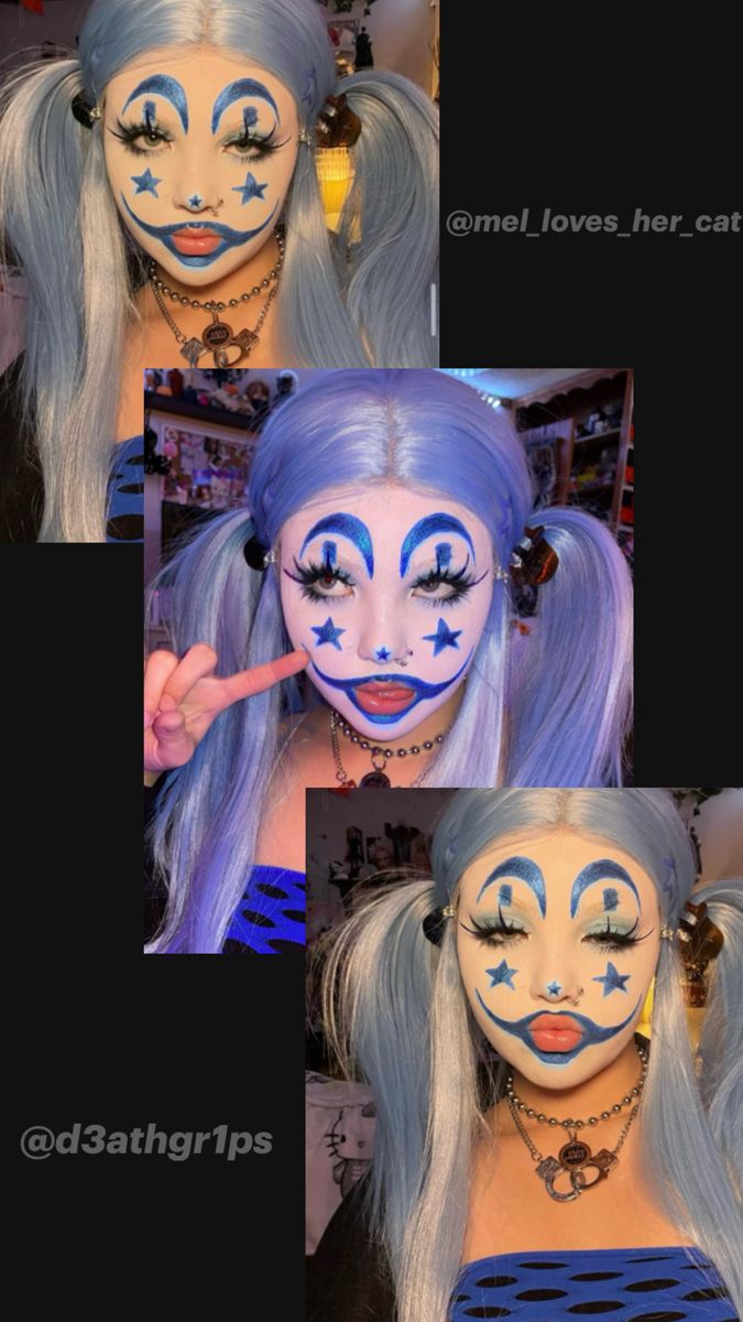 A cute blue juggalo makeup look. Credits to @mel_loves_her_cat Icp Concert, Juggalette Makeup, Juggalo Makeup, Clown Looks, Insane Clown Posse Albums, Clown Makeup Ideas, Goth Clown, What Is A Juggalo, Icp Juggalo