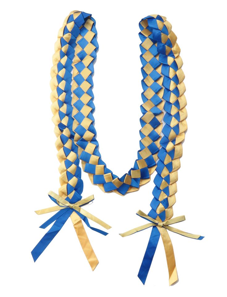 two blue and gold braided necklaces with bows on each strand, one in the shape of a heart