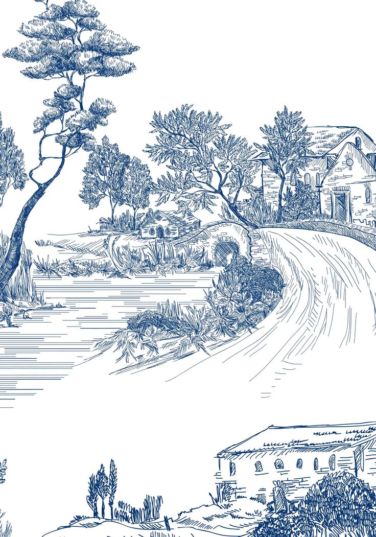 a blue and white drawing of a country road near a lake with houses on the other side