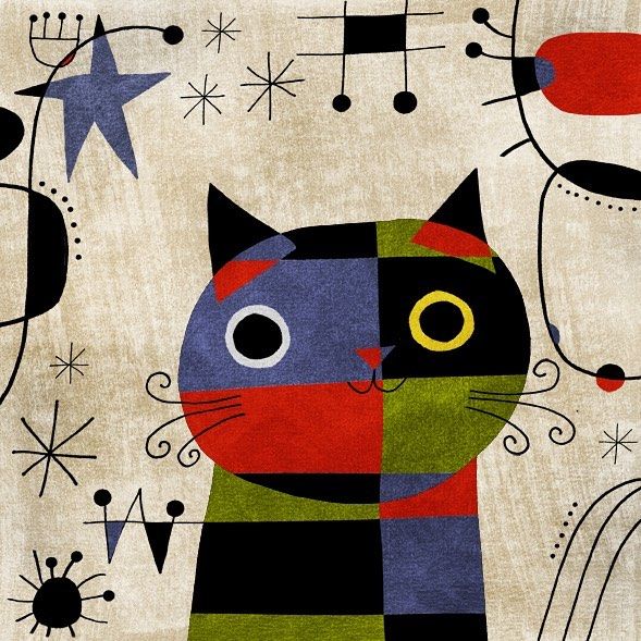 a colorful cat is standing in front of stars and shapes on a beige background with black, red, green, blue, yellow and orange colors