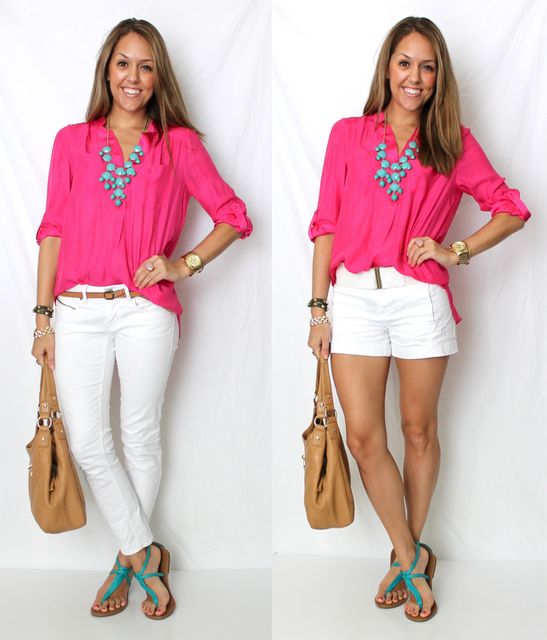 Look Rose, Hot Pink Tops, Winter Typ, Cute Summer Outfits, Pink Top, Pink Shirt, White Pants, Spring Summer Outfits, Pink Tops