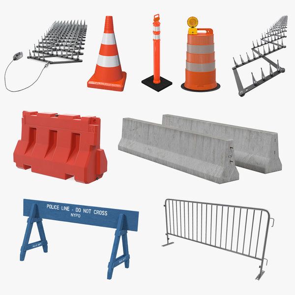 various types of construction equipment including barriers, road cones and barricades are shown in this image