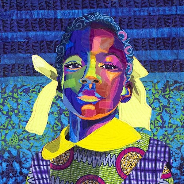 a painting of a woman's face with blue and yellow colors on the background