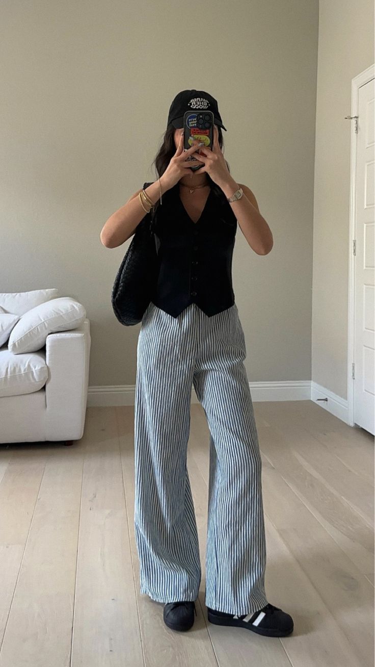 Solid Buttoned Vest IM414 curated on LTK Office Outfits Summer Casual, Pants Inspo Aesthetic, Outfits For Traveling Summer, Styling Striped Pants, Summer Pants 2024, Stripped Pant Outfits, Work Fits Summer, Cool Summer Work Outfits, Casual 2024 Outfits