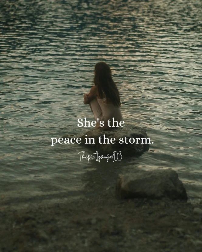 a woman sitting on top of a rock in the water with a quote above her