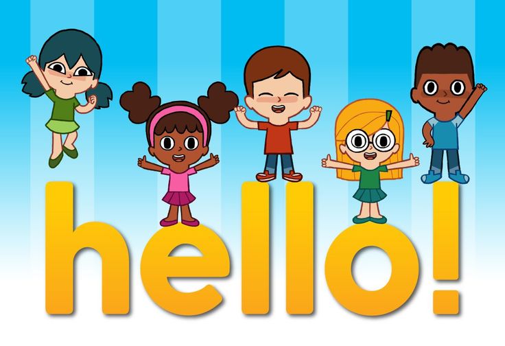 the word hello is written with cartoon children