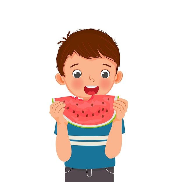 a young boy eating a piece of watermelon