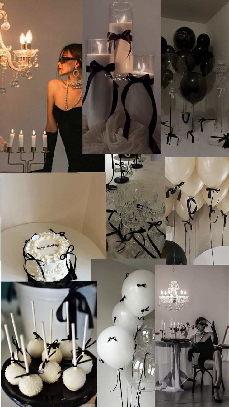 a collage of photos with balloons, candles and cake on it's side