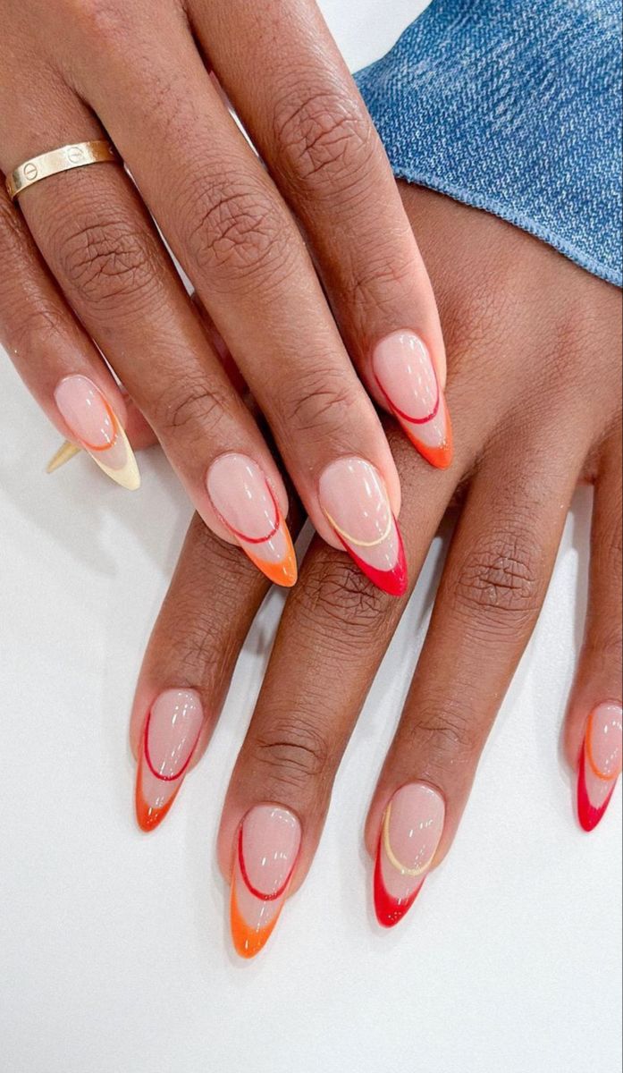 June Nails Almond Shape, Nails Inspo Summer 2024, Every Nail Different Color, Simple Summer Almond Nails, Simple Nail Designs Summer 2024 Almond, Orange Nail Designs Summer, Almond Nails Designs Summer 2024, Red Summer Nails Designs, Summer Almond Nails 2024