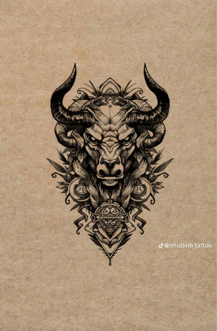 an animal with large horns and ornate designs on it's face is shown in black ink