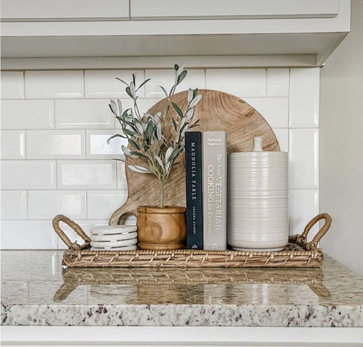 the kitchen counter is clean and ready to be used as a shelf for cookbooks