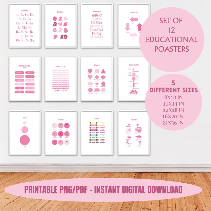 a set of 12 educational posters with different font and numbers in pink on the wall