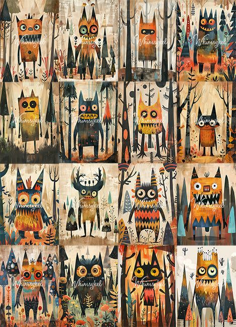 an image of owls in the woods with many different colors and sizes on their faces