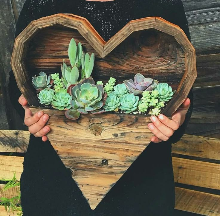 a person holding a heart shaped planter with succulents in it's hands