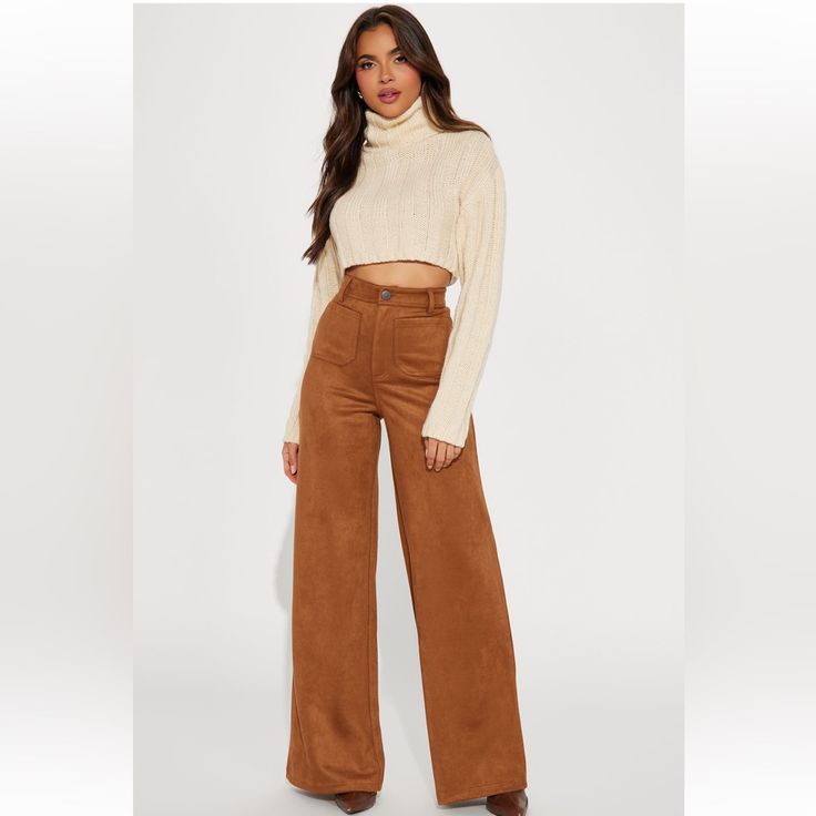 Chest Wide Leg Suede Pants Western Pants For Women, Trendy Wide Leg Bottoms For Winter, Trendy Winter Wide Leg Bottoms, Casual High Waist Pants For Fall, Chic Fall Cargo Trousers, Casual High-waist Pants For Fall, Brown High-waisted Wide Leg Pants For Fall, Chic Wide Leg Cargo Pants For Fall, Trendy Brown Wide Leg Full Length Pants