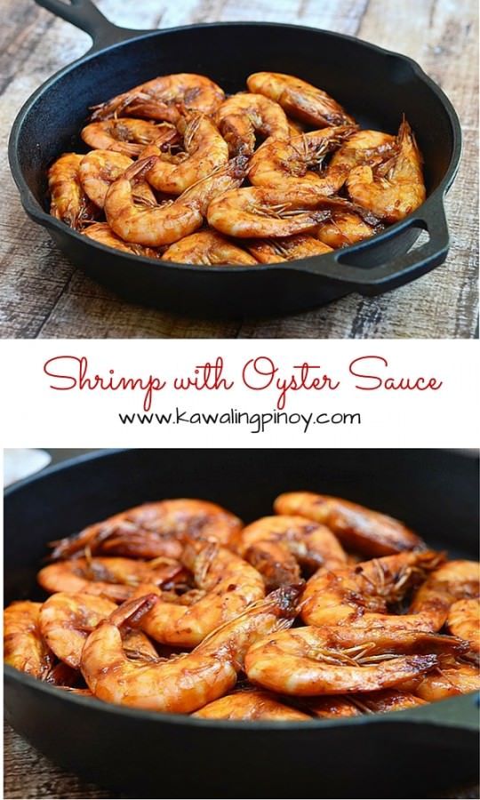 shrimp with oyster sauce in a cast iron skillet on a wooden table, and then cooked