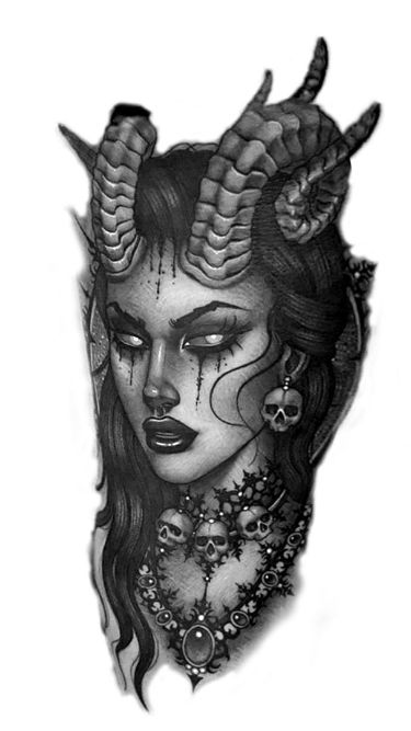 a woman with horns and skulls on her head is shown in this tattoo art design