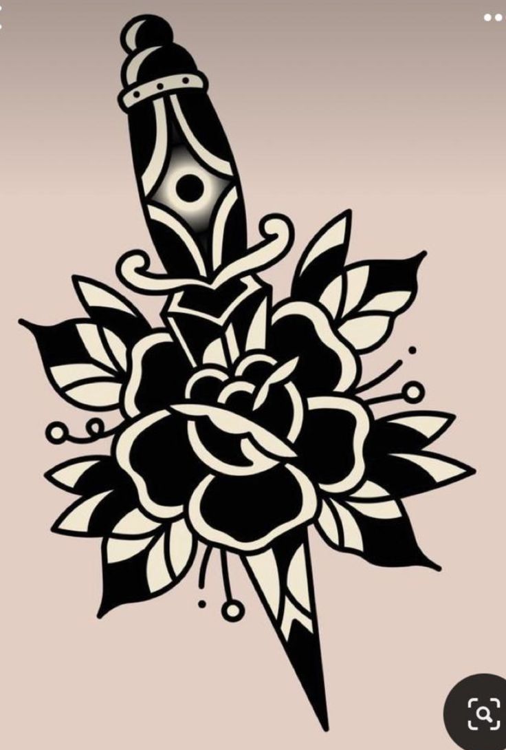 a black and white drawing of a pen with flowers on the side, against a pink background