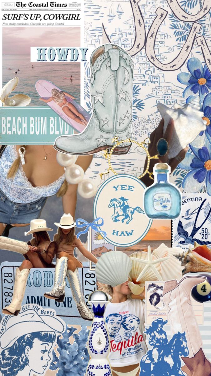 a collage of various items in blue and white