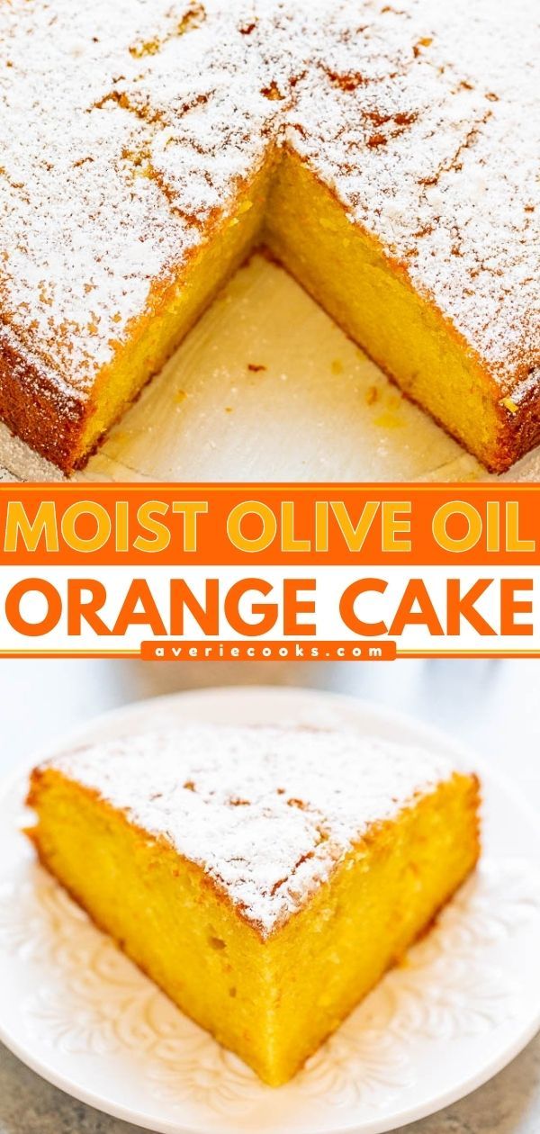 an orange cake with powdered sugar on top and the words moist olive oil above it