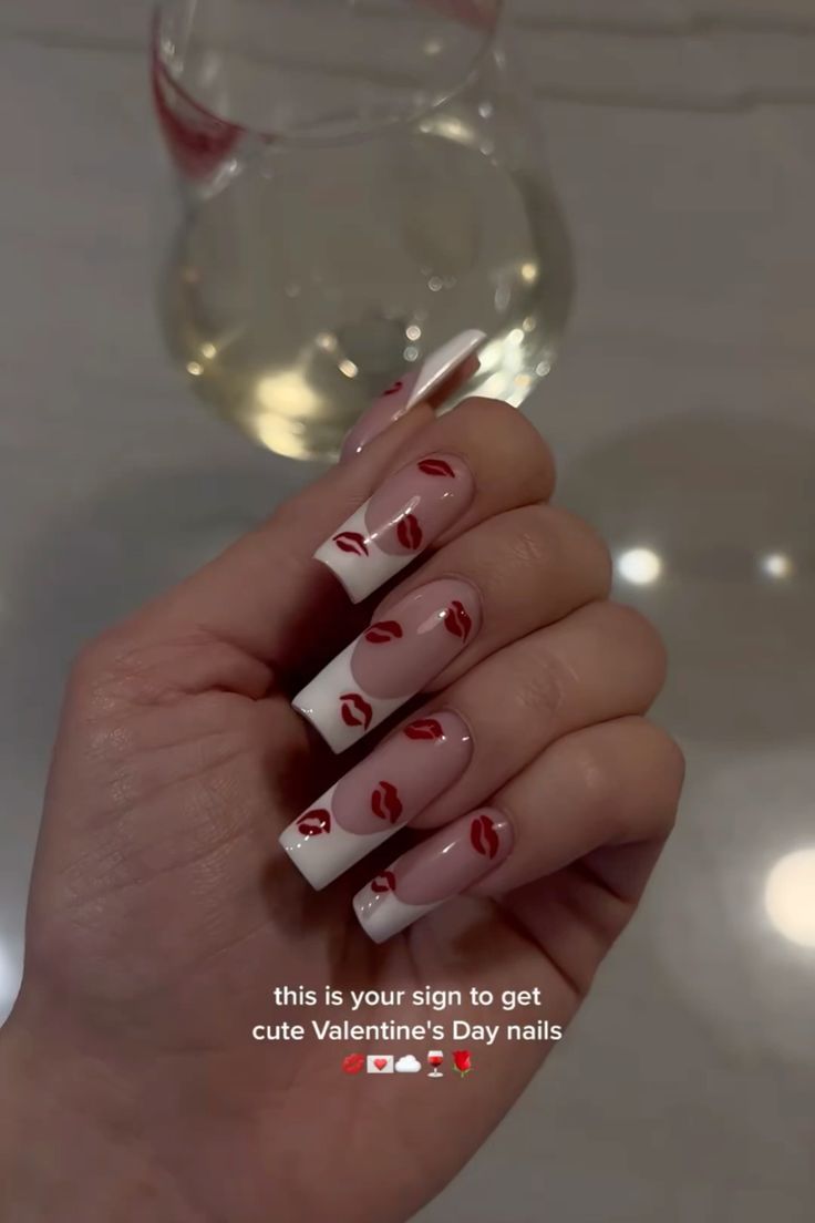 French Kiss Nails, French Tips With Kisses, Kiss French Nails, Kiss Lips Nails, Red Kiss Nails, Nails With Lips Design, Kiss French Tip Nails, Lips Nails Designs, Kiss Mark Nails