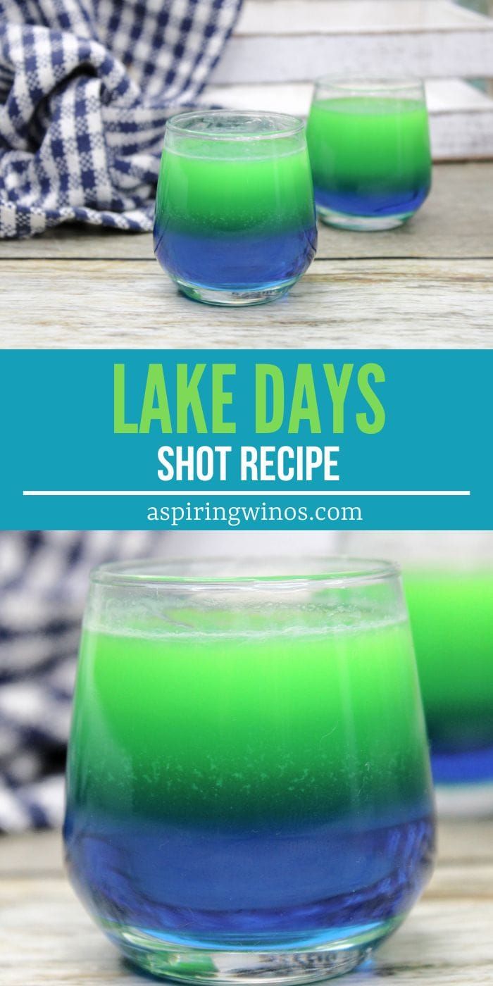 three glasses filled with blue and green liquid on top of a wooden table next to the words lake days shot recipe