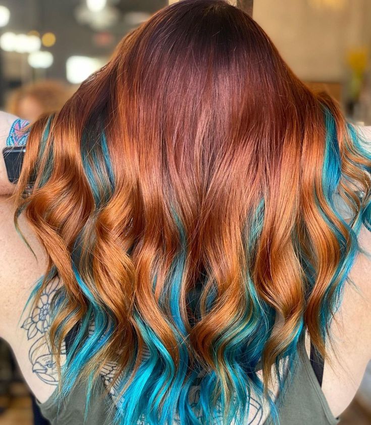 Fall hair colors Ginger And Colorful Hair, Copper Teal Hair, Copper Purple Hair, Ginger Hair With Blue Highlights, Copper And Teal Hair, Fun Fall Hair Colors Brunettes, Copper And Blue Hair, Red And Teal Hair, Copper And Purple Hair