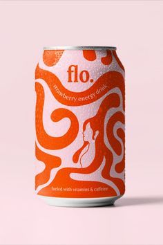 an orange and white can of fio energy drink on a pink background with swirls