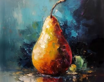 a painting of a pear on a table