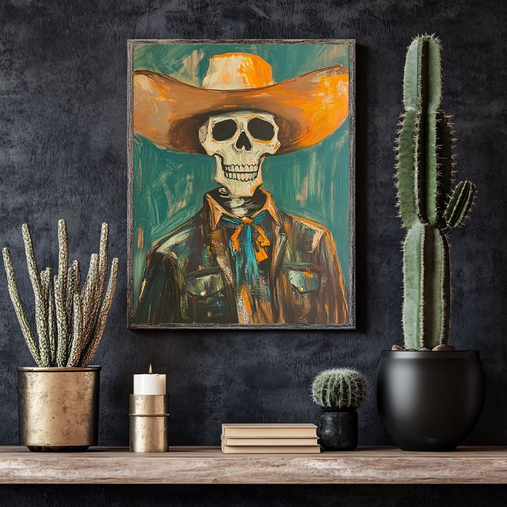 a painting with a skeleton wearing a cowboy hat on top of a shelf next to cacti