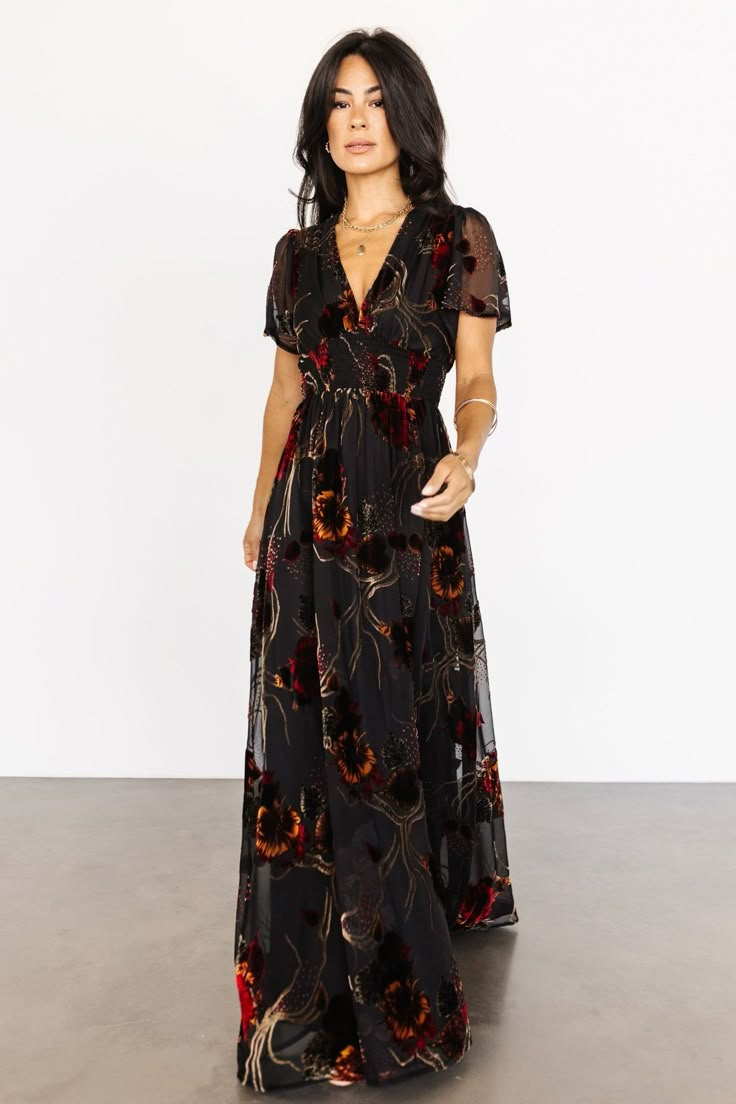 Valen Maxi Dress | Black Multi Winter Wedding Guest Outfit Cold Formal, Dresses For Apple Shaped Women, Fall Wedding Guest, Wedding Guest Attire, Fall Wedding Guest Dress, Burnout Velvet, Guest Attire, Maxi Dress Black, Wedding Attire Guest