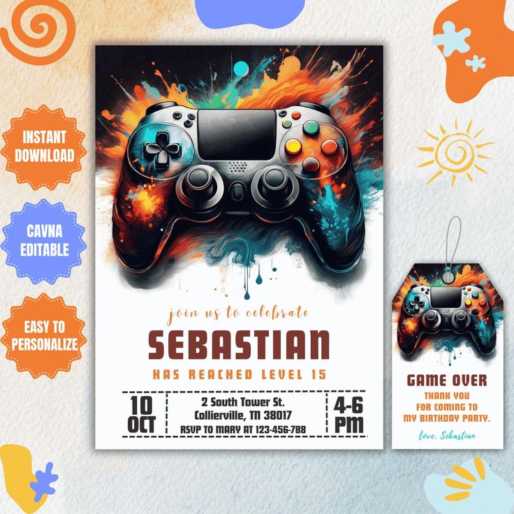 an image of a flyer for a video game event with two controllers on it and the words sebastian