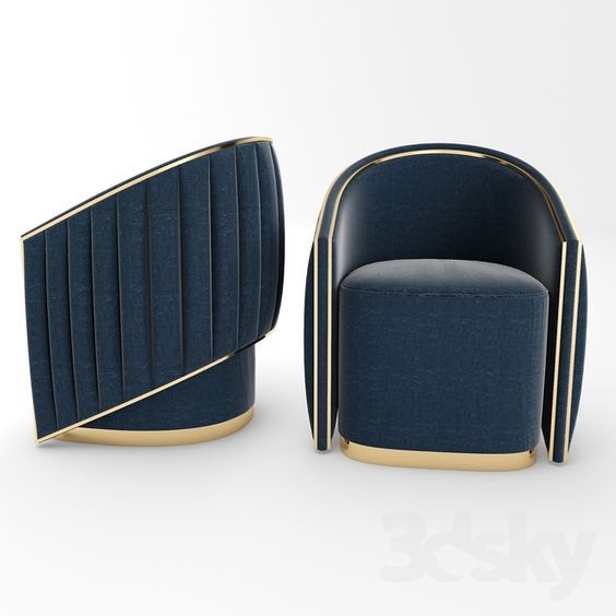 two blue chairs with gold trims and one is facing the same direction, on a white background