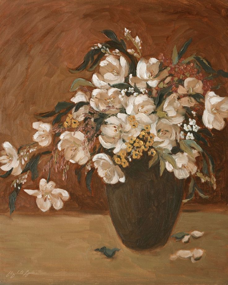 a painting of white flowers in a brown vase on a table with leaves and petals