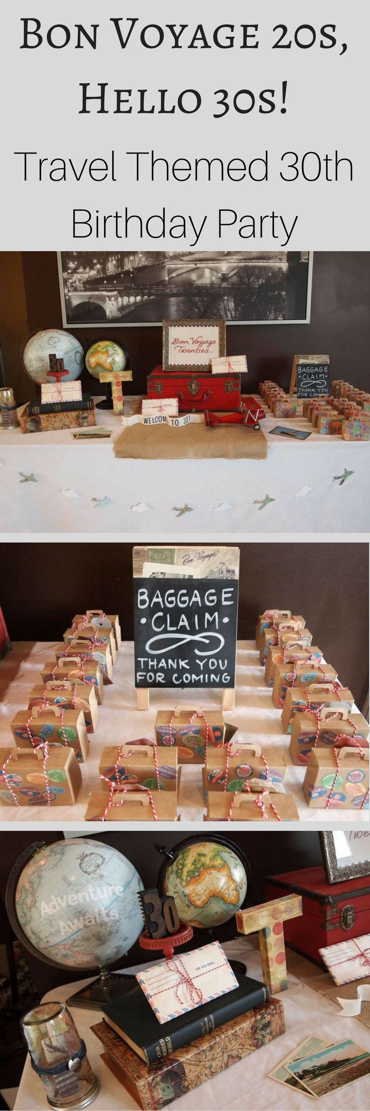 an image of a birthday party with food on the table and in front of it is a sign that says bon voyage, hello 350 travel themed 30th birthday party