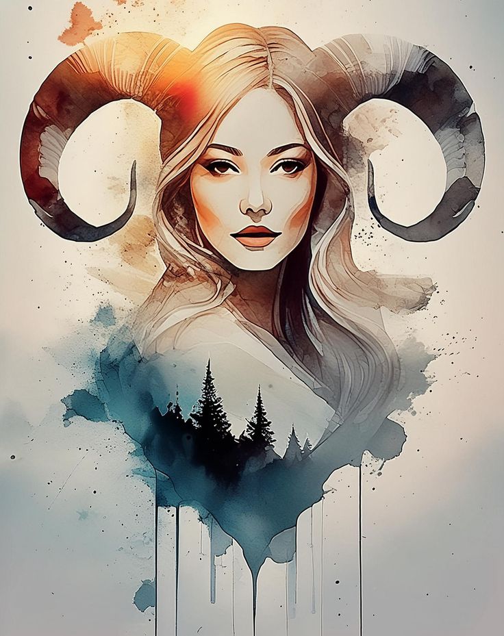 a woman with long hair and horns on her head is surrounded by watercolors