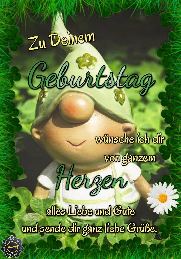 a greeting card with an image of a little boy wearing a green hat and holding a daisy