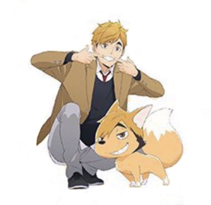 an anime character is posing with a dog