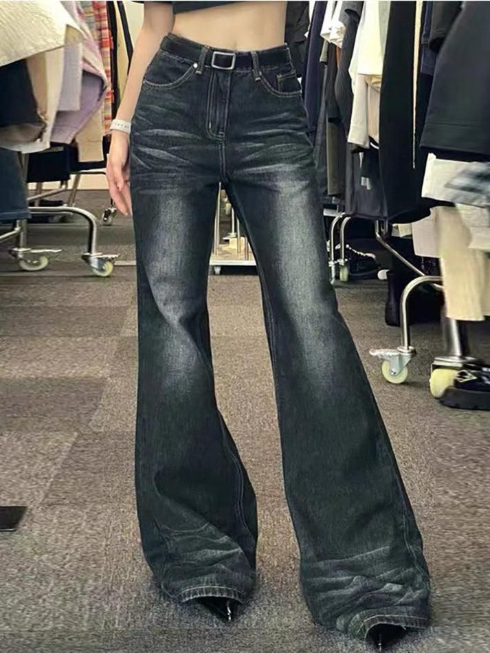 Jean évasé taille basse délavé - Streetwear Society-Black-S- Punk Fabric, Low Waist Flare Jeans, Y2k Punk, Low Rise Flare Jeans, Jeans Bootcut, Waist Jeans, Spice Girls, Washed Denim, Chic Woman