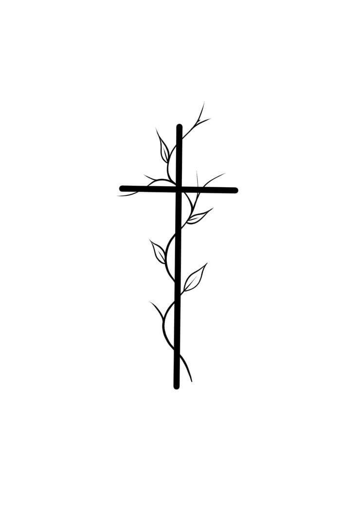 a black and white photo of a cross with leaves on it's side, against a white background