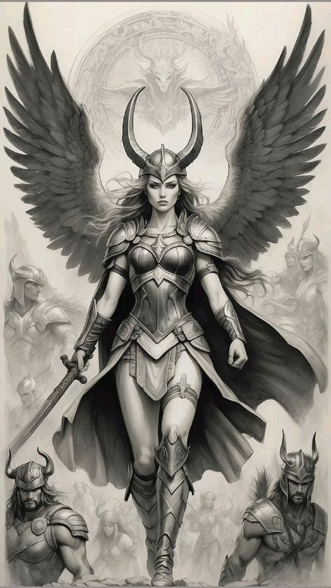 a black and white drawing of a woman with wings on her head, holding two swords