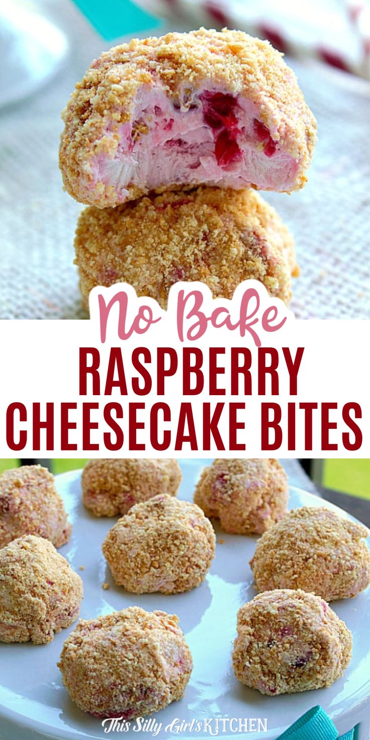 no bake raspberry cheesecake bites stacked on top of each other