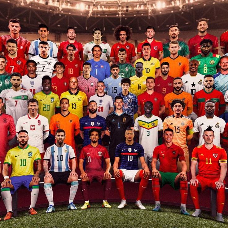 a group of soccer players are posing for a team photo in front of an empty stadium