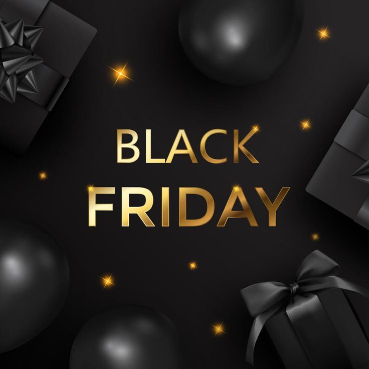 black friday with presents and gold lettering on a black background, surrounded by shiny balls