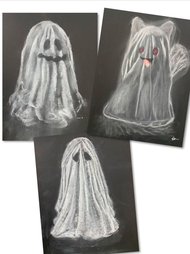 Three chalk pastel drawings on black paper. One ghost looks like a cat. Chalk Ghost Drawing, Halloween Art Projects Kindergarten, Spooky Drawing Reference, Halloween Chalk Pastel Art, Easy Halloween Art Projects For Elementary, Fall Chalk Pastel Art For Kids, Halloween Art Project Middle School, One Day Fall Art Projects, Art Project Ideas Middle School