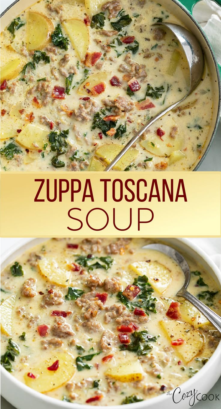 Zuppa Toscana Soup with potatoes, spinach, bacon bits, and ground sausage Top Soup Recipes, Copycat Olive Garden Zuppa Toscana, Copycat Olive Garden Zuppa, Olive Garden Zuppa Toscana Soup, Dutch Oven Soup, Broth Benefits, Olive Garden Zuppa, Olive Garden Zuppa Toscana, Copycat Olive Garden