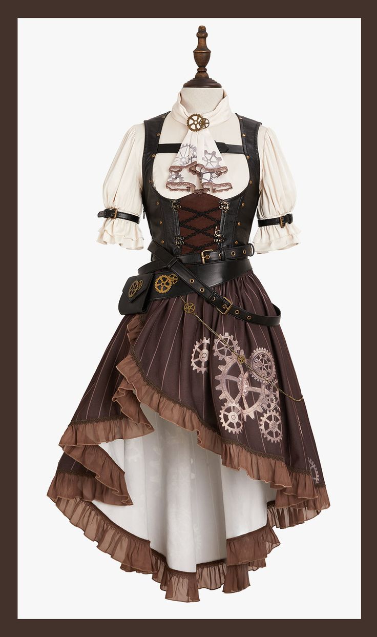 Nikki Tomorrow 【=Perpetual Motion Gears=】 #SteampunkLolita Blouse, Vest and Skirt Set ◆ Shopping Link >>> https://lolitawardrobe.com/nikki-tomorrow-perpetual-motion-gears-steampunk-lolita-blouse-vest-and-skirt-set_p7867.html Steampunk Cosplay Ideas, Steam Punk Outfits Women, Steampunk Outfit Ideas, Steampunk Aesthetic Outfit, Nikki Tomorrow, Steampunk Dress To Impress, Clock Costume, Time Traveler Outfit, Steampunk Clothing Women