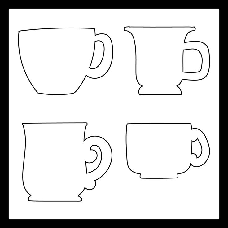 four coffee mugs are shown in black and white