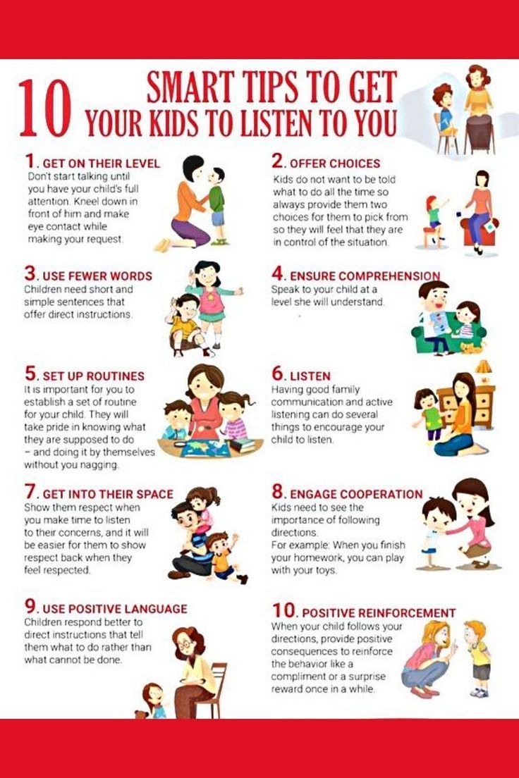 the 10 smart tips to get your kids to listen to you poster is shown in red and